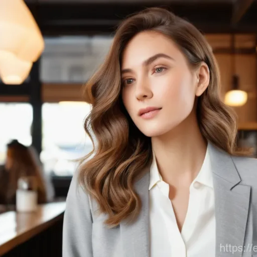 드라이 샴푸와 파우더 샴푸 비교 - A chic young woman, mid-20s, with shoulder-length wavy brown hair, elegantly dressed in a light grey...