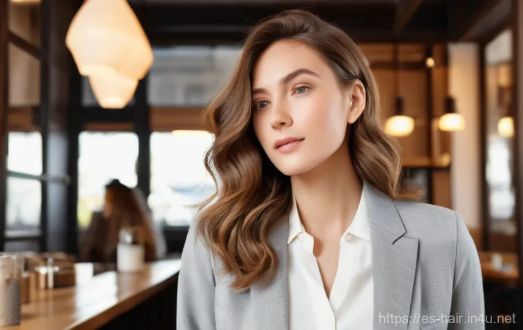 드라이 샴푸와 파우더 샴푸 비교 - A chic young woman, mid-20s, with shoulder-length wavy brown hair, elegantly dressed in a light grey...