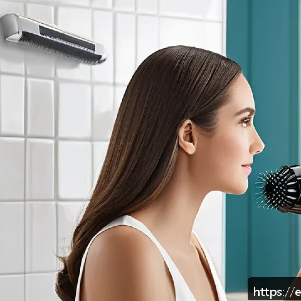 가성비 좋은 헤어드라이어 추천 - A modern, sleek hair dryer with ionic and ceramic technology, shown in a bright, airy bathroom setti...