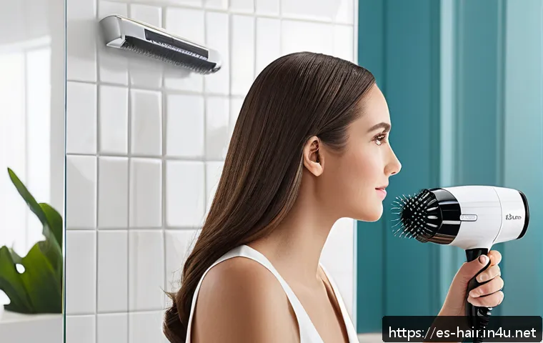 가성비 좋은 헤어드라이어 추천 - A modern, sleek hair dryer with ionic and ceramic technology, shown in a bright, airy bathroom setti...