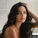 Home 21 블랙헤어를 위한 스타일링 팁 - A close-up portrait of a young Hispanic woman with long, naturally shiny black hair styled in loose ...