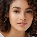 Home 19 곱슬머리용 헤어 세럼 추천 - A close-up portrait of a young Latina woman with medium-thick, well-defined curly hair styled to sho...