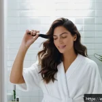 Home 23 드라이 샴푸와 텍스처라이저 차이 - A modern, stylish Hispanic woman in her late 20s with naturally wavy, medium-length dark brown hair,...